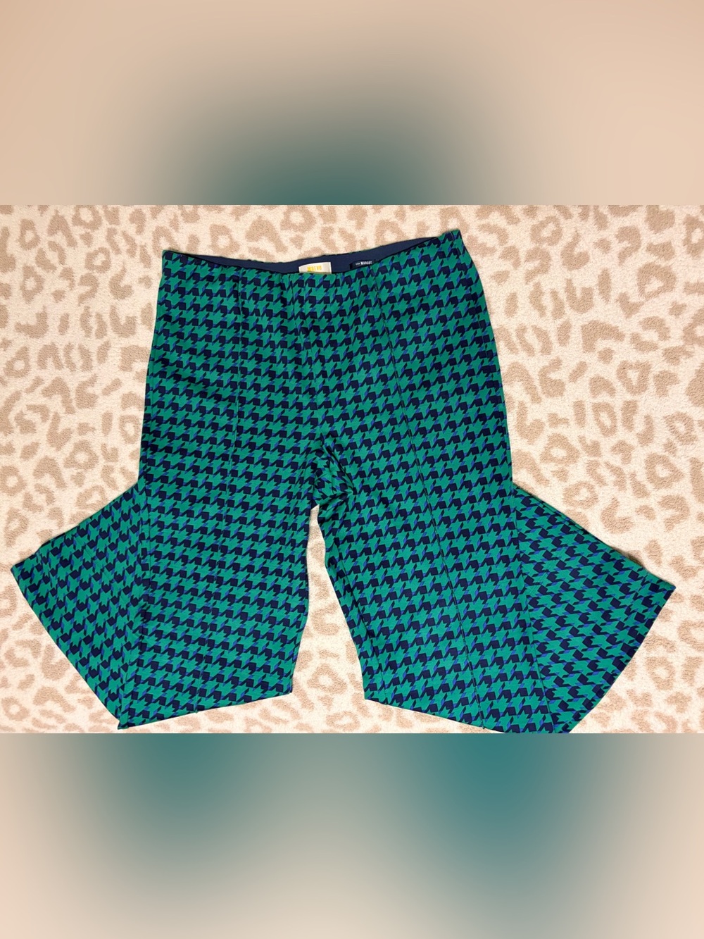 Anthropologie Maeve Teal & Navy Houndstooth Cropped Flare Pants